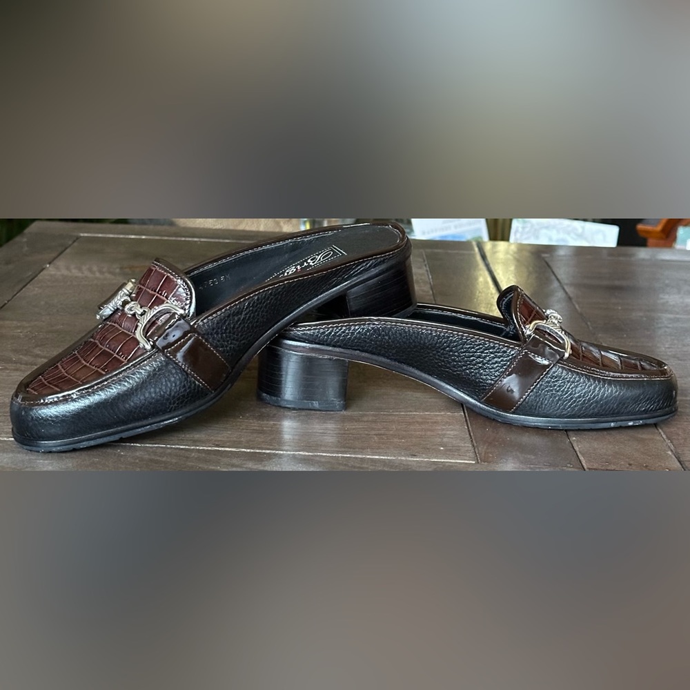 Brighton Austen Mules Brown Croc And Black Leather Open Back Slip On Sz 5 - Picture 2 of 13